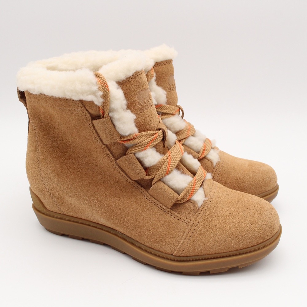 Sorel Evie II Cozy Womens Size 8 Tawny Buff Suede Wedge Ankle Boots Shoes